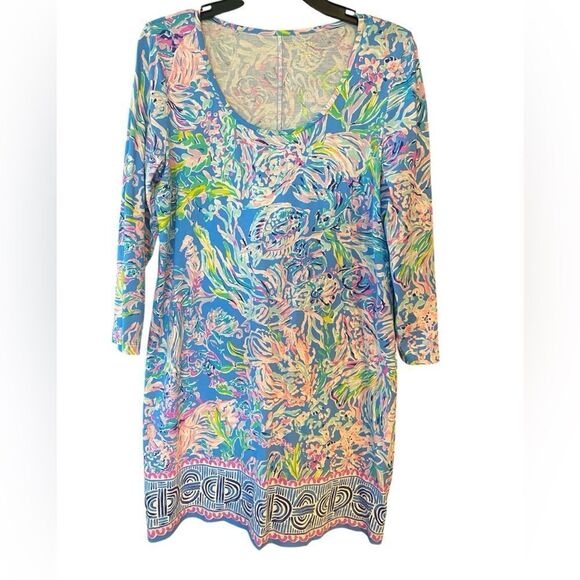 Lilly Pulitzer Dresses & Skirts - Lilly Pulitzer Sz L Classic Blue Pink Beacon Tropical Shift Long Sleeve Dress